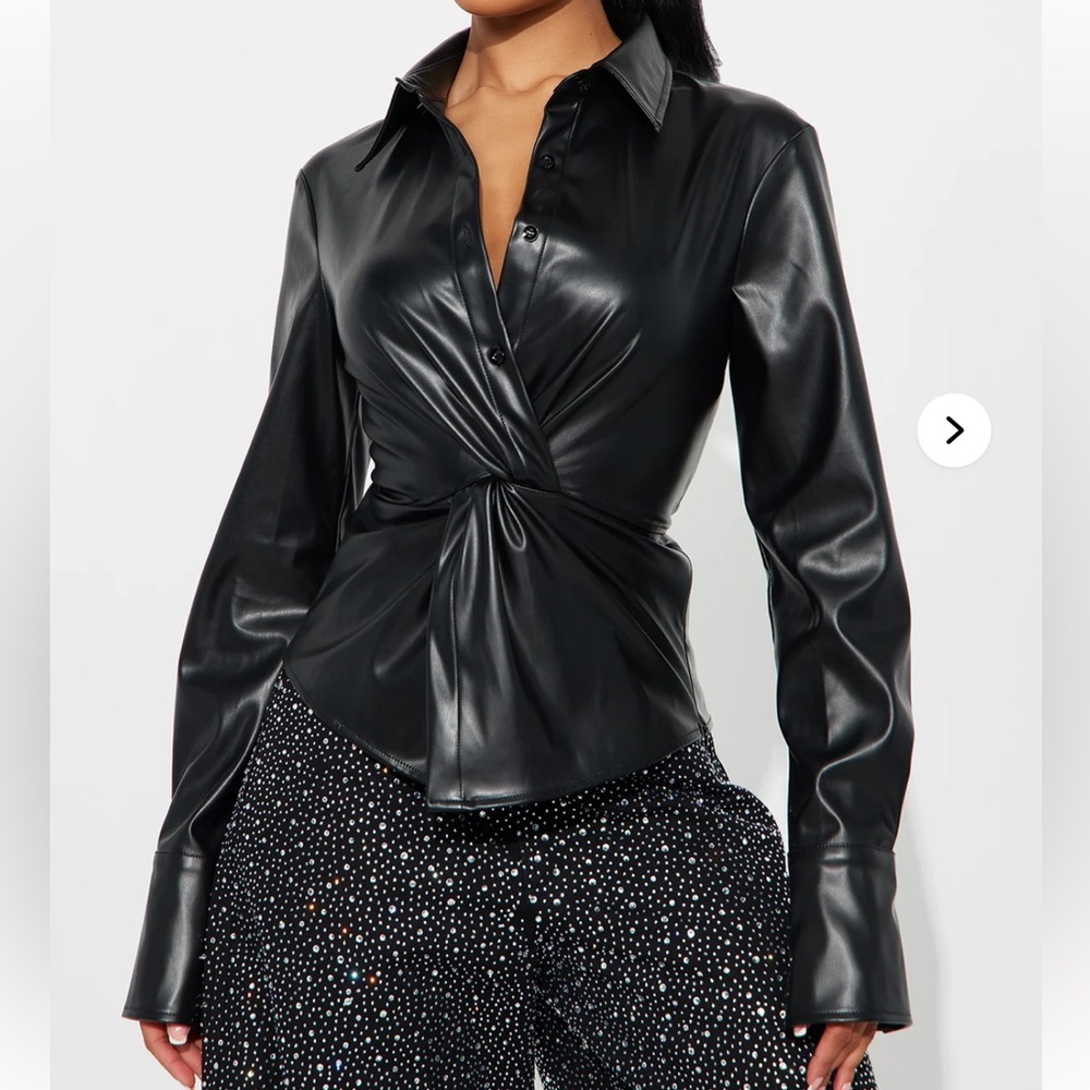 Black Faux Leather Twist Front Blouse